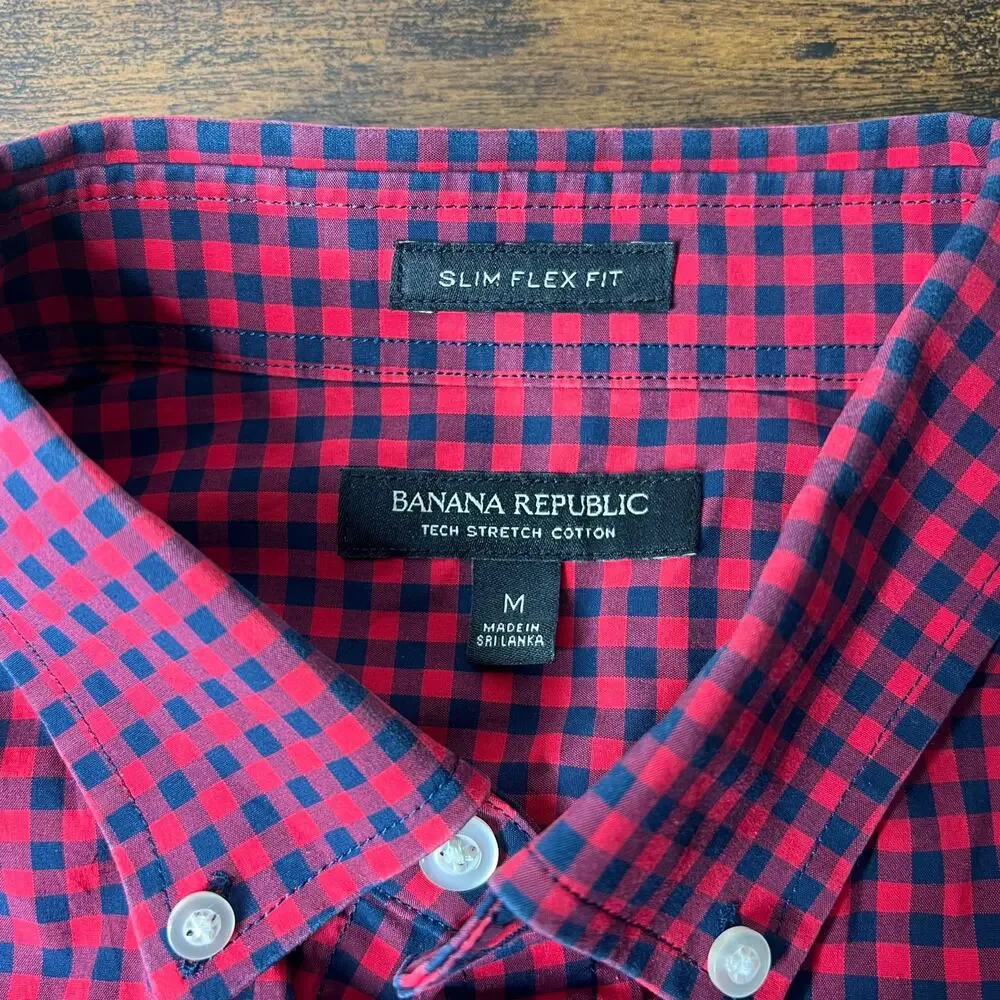 Banana Republic Slim Flex Fit Button Down Tech Stretch Cotton Mens M Check Plaid